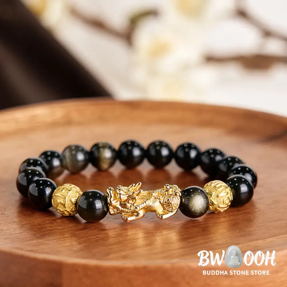 Buddha Stones Natural Gold Sheen Obsidian PiXiu Om Mani Padme Hum Wealth Bracelet - BWOOOH - Bracelet