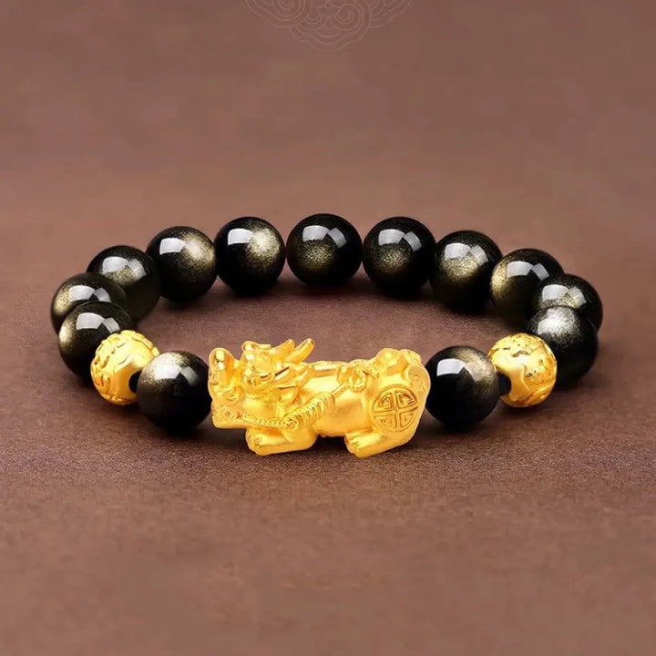 Buddha Stones Natural Gold Sheen Obsidian PiXiu Om Mani Padme Hum Wealth Bracelet - BWOOOH - 12mm(Wrist Circumference
