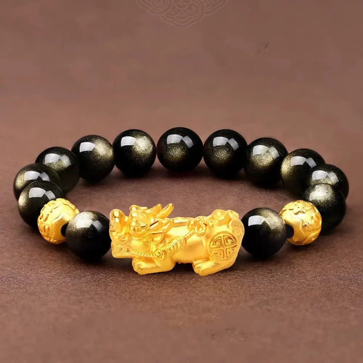Buddha Stones Natural Gold Sheen Obsidian PiXiu Om Mani Padme Hum Wealth Bracelet - BWOOOH - 14mm(Wrist Circumference