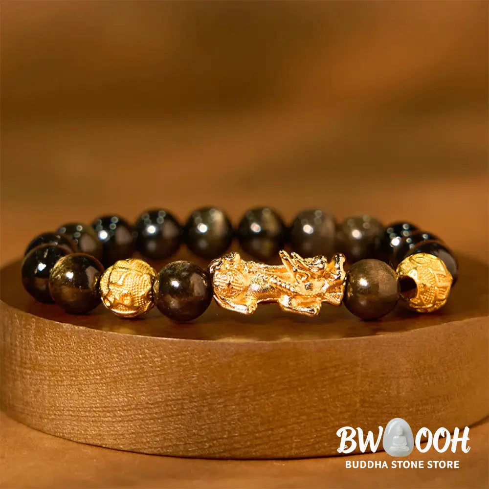 Buddha Stones Natural Gold Sheen Obsidian PiXiu Om Mani Padme Hum Wealth Bracelet - BWOOOH - Bracelet