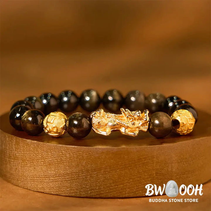Buddha Stones Natural Gold Sheen Obsidian PiXiu Om Mani Padme Hum Wealth Bracelet - BWOOOH - Bracelet
