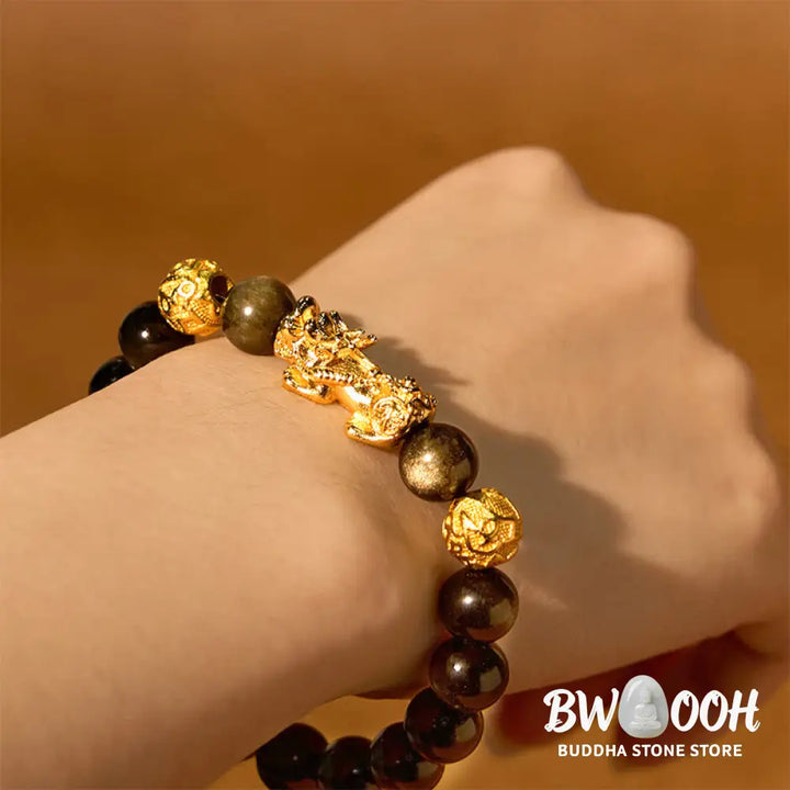 Buddha Stones Natural Gold Sheen Obsidian PiXiu Om Mani Padme Hum Wealth Bracelet - BWOOOH - Bracelet