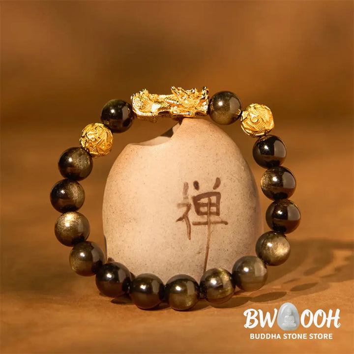 Buddha Stones Natural Gold Sheen Obsidian PiXiu Om Mani Padme Hum Wealth Bracelet - BWOOOH - Bracelet
