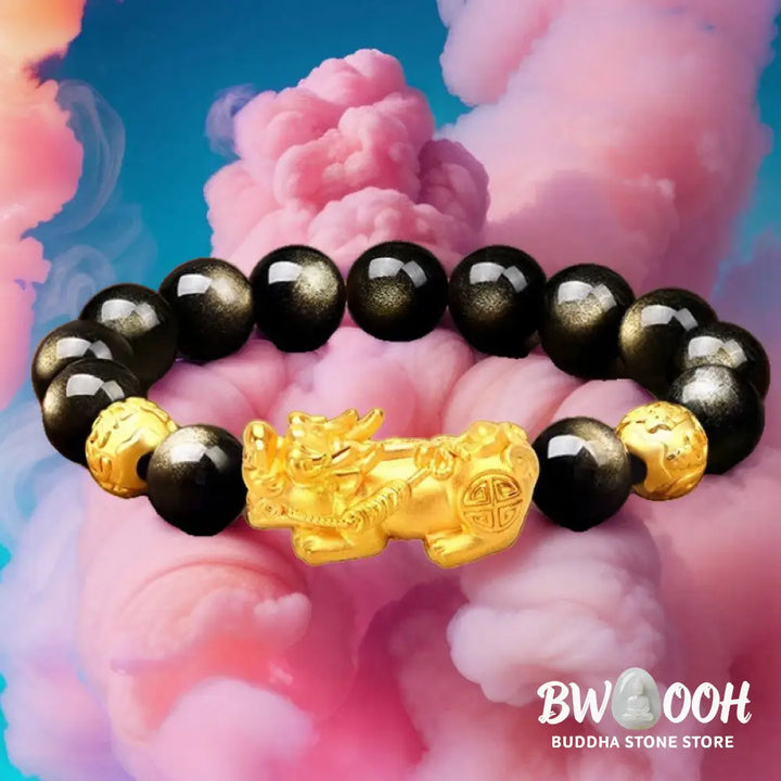 Buddha Stones Natural Gold Sheen Obsidian PiXiu Om Mani Padme Hum Wealth Bracelet - BWOOOH - Bracelet
