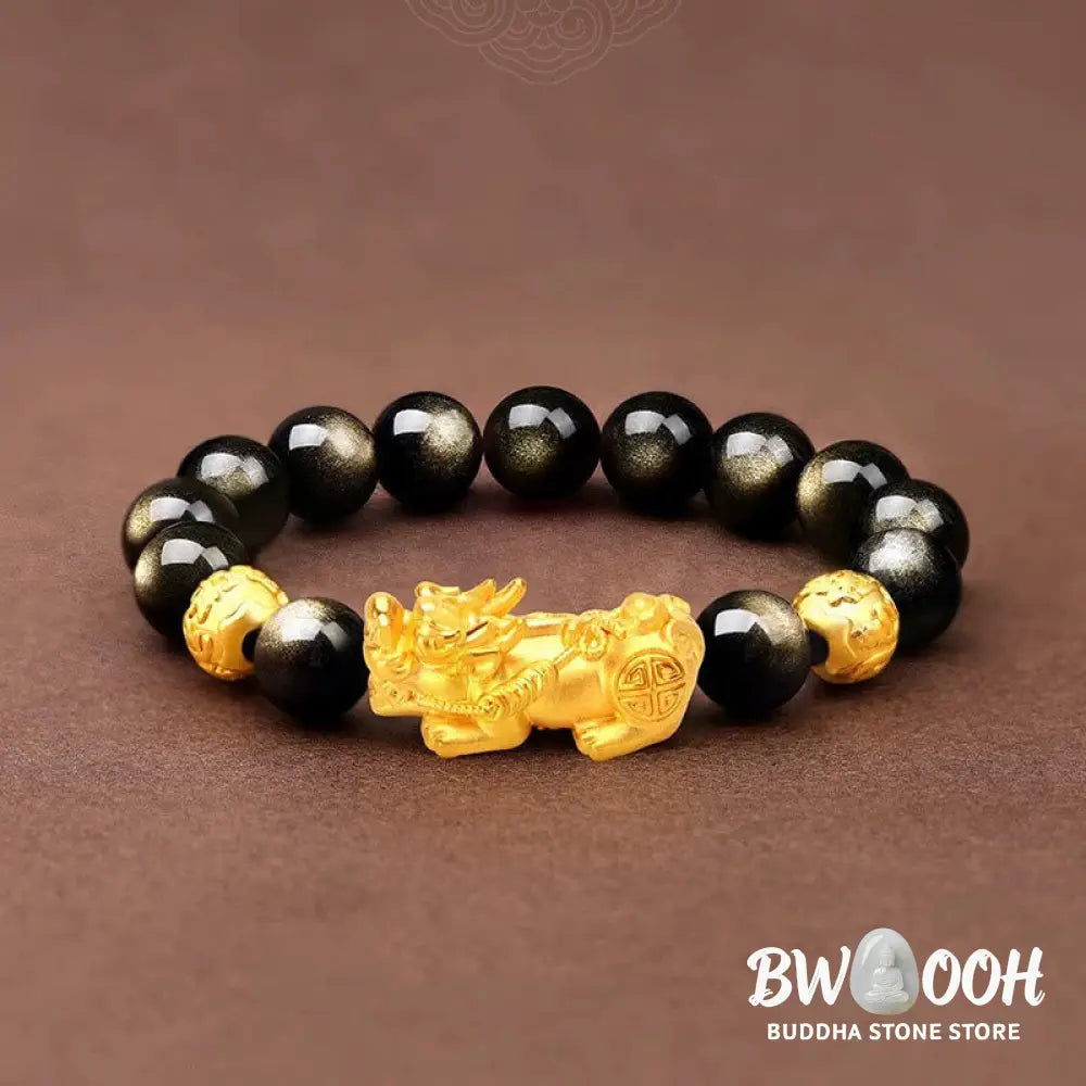Buddha Stones Natural Gold Sheen Obsidian PiXiu Om Mani Padme Hum Wealth Bracelet - BWOOOH - Bracelet