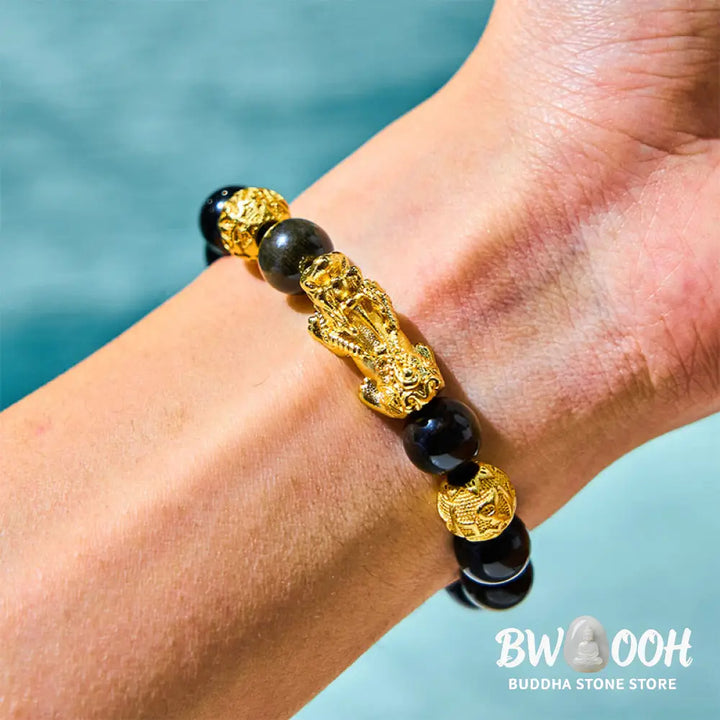 Buddha Stones Natural Gold Sheen Obsidian PiXiu Om Mani Padme Hum Wealth Bracelet - BWOOOH - Bracelet