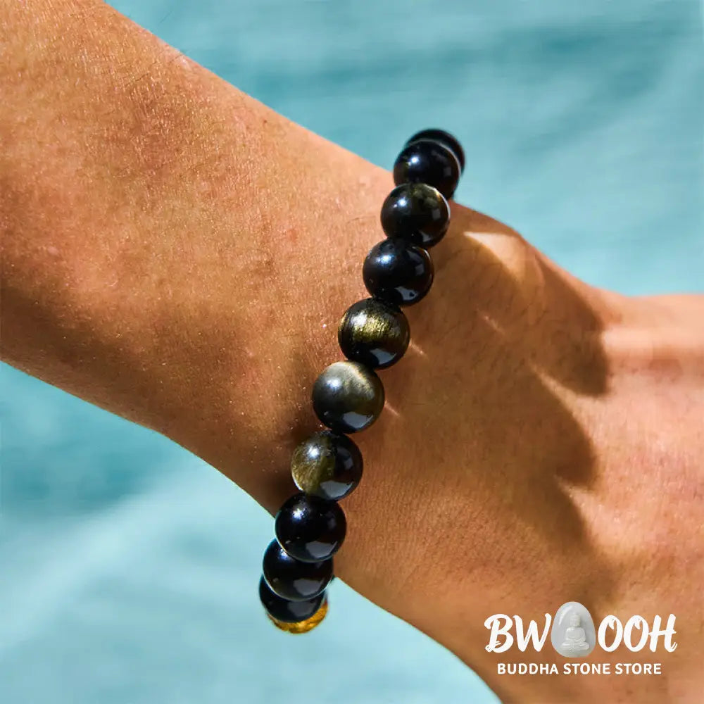 Buddha Stones Natural Gold Sheen Obsidian PiXiu Om Mani Padme Hum Wealth Bracelet - BWOOOH - Bracelet