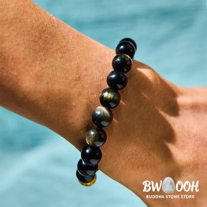 Buddha Stones Natural Gold Sheen Obsidian PiXiu Om Mani Padme Hum Wealth Bracelet - BWOOOH - Bracelet