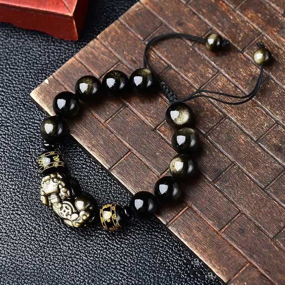 Buddha Stones Natural Gold Sheen Obsidian PiXiu Om Mani Padme Hum Wealth Braided Bracelet - BWOOOH - 12mm - Bracelet