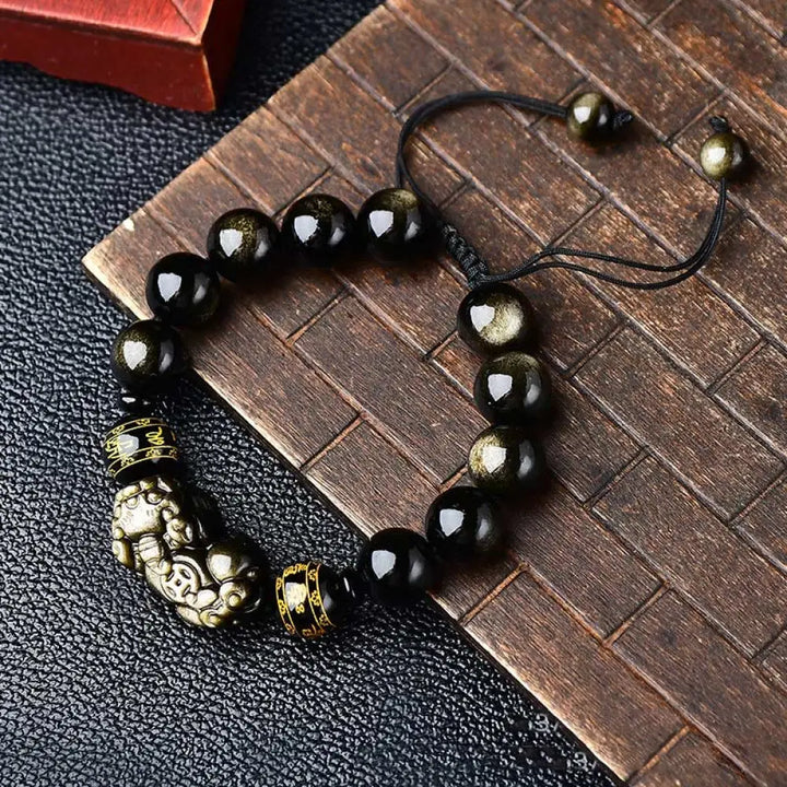 Buddha Stones Natural Gold Sheen Obsidian PiXiu Om Mani Padme Hum Wealth Braided Bracelet - BWOOOH - 12mm - Bracelet