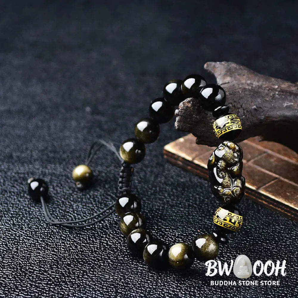 Buddha Stones Natural Gold Sheen Obsidian PiXiu Om Mani Padme Hum Wealth Braided Bracelet - BWOOOH - Bracelet