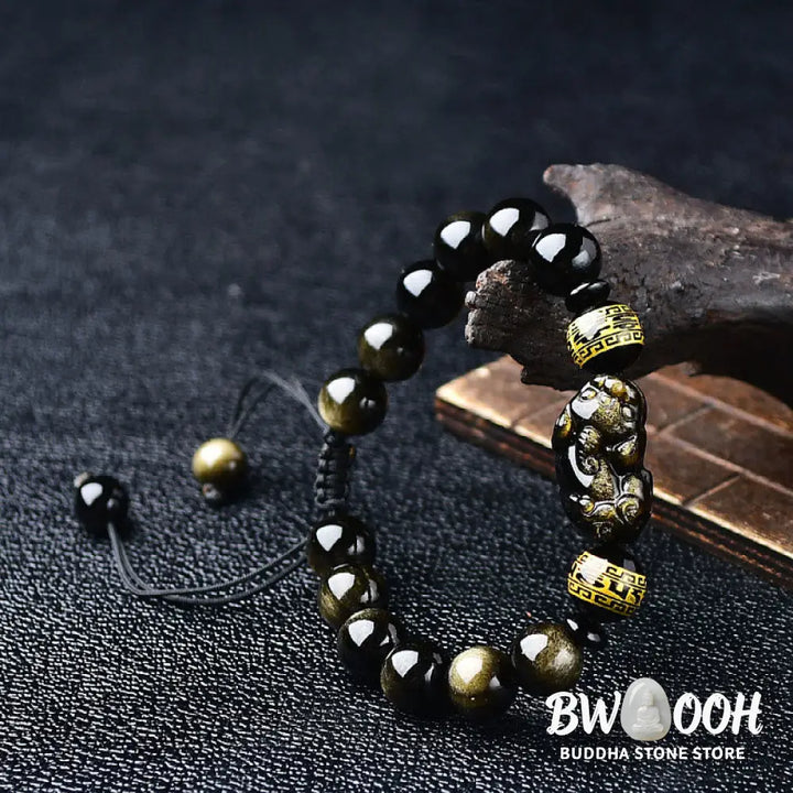 Buddha Stones Natural Gold Sheen Obsidian PiXiu Om Mani Padme Hum Wealth Braided Bracelet - BWOOOH - Bracelet