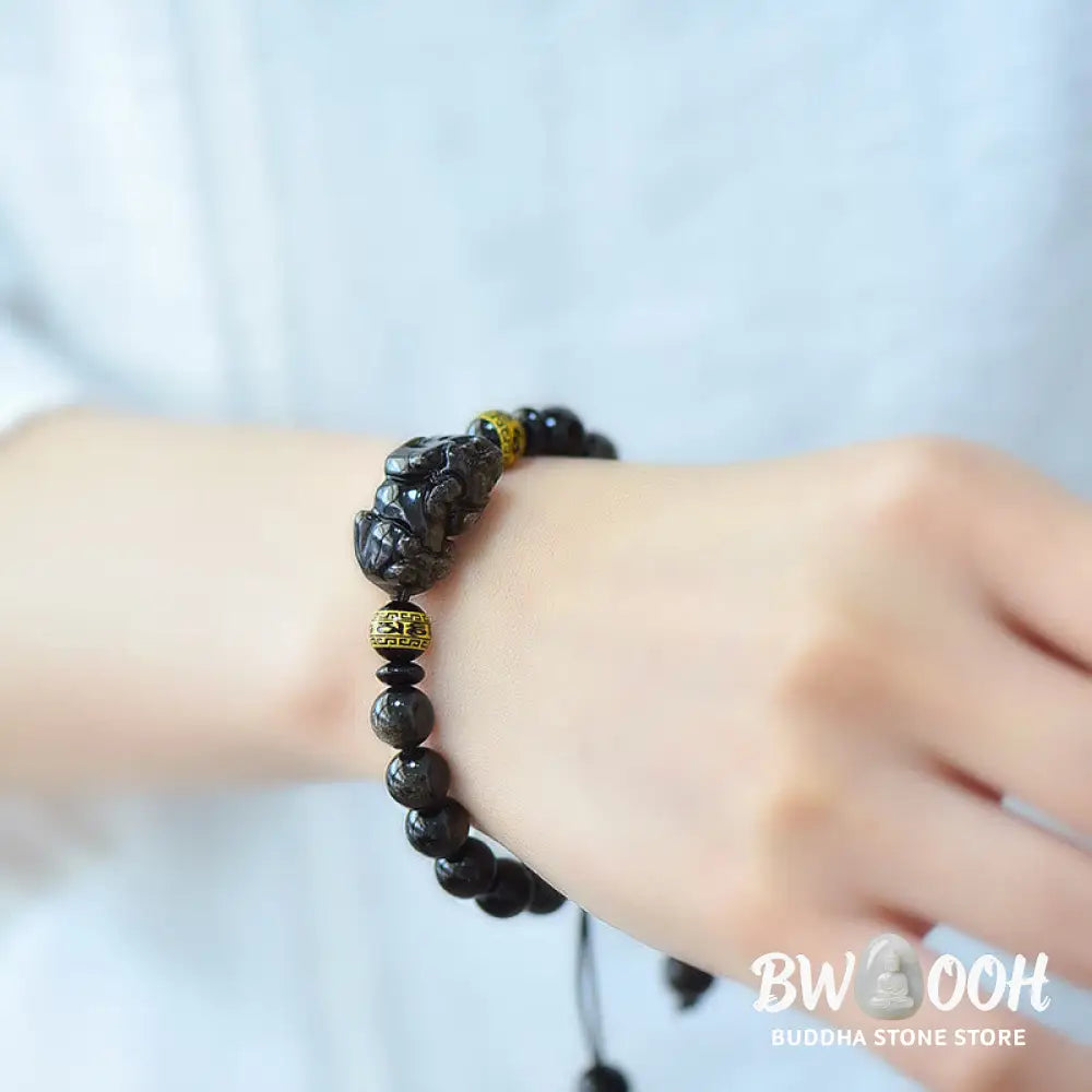 Buddha Stones Natural Gold Sheen Obsidian PiXiu Om Mani Padme Hum Wealth Braided Bracelet - BWOOOH - Bracelet