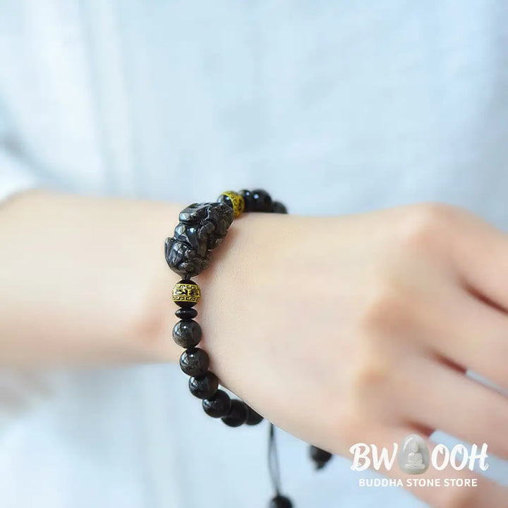 Buddha Stones Natural Gold Sheen Obsidian PiXiu Om Mani Padme Hum Wealth Braided Bracelet - BWOOOH - Bracelet