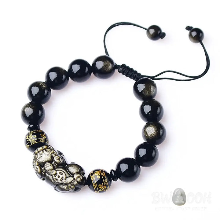 Buddha Stones Natural Gold Sheen Obsidian PiXiu Om Mani Padme Hum Wealth Braided Bracelet - BWOOOH - Bracelet