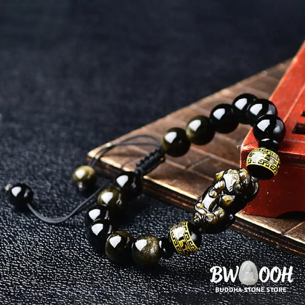 Buddha Stones Natural Gold Sheen Obsidian PiXiu Om Mani Padme Hum Wealth Braided Bracelet - BWOOOH - Bracelet