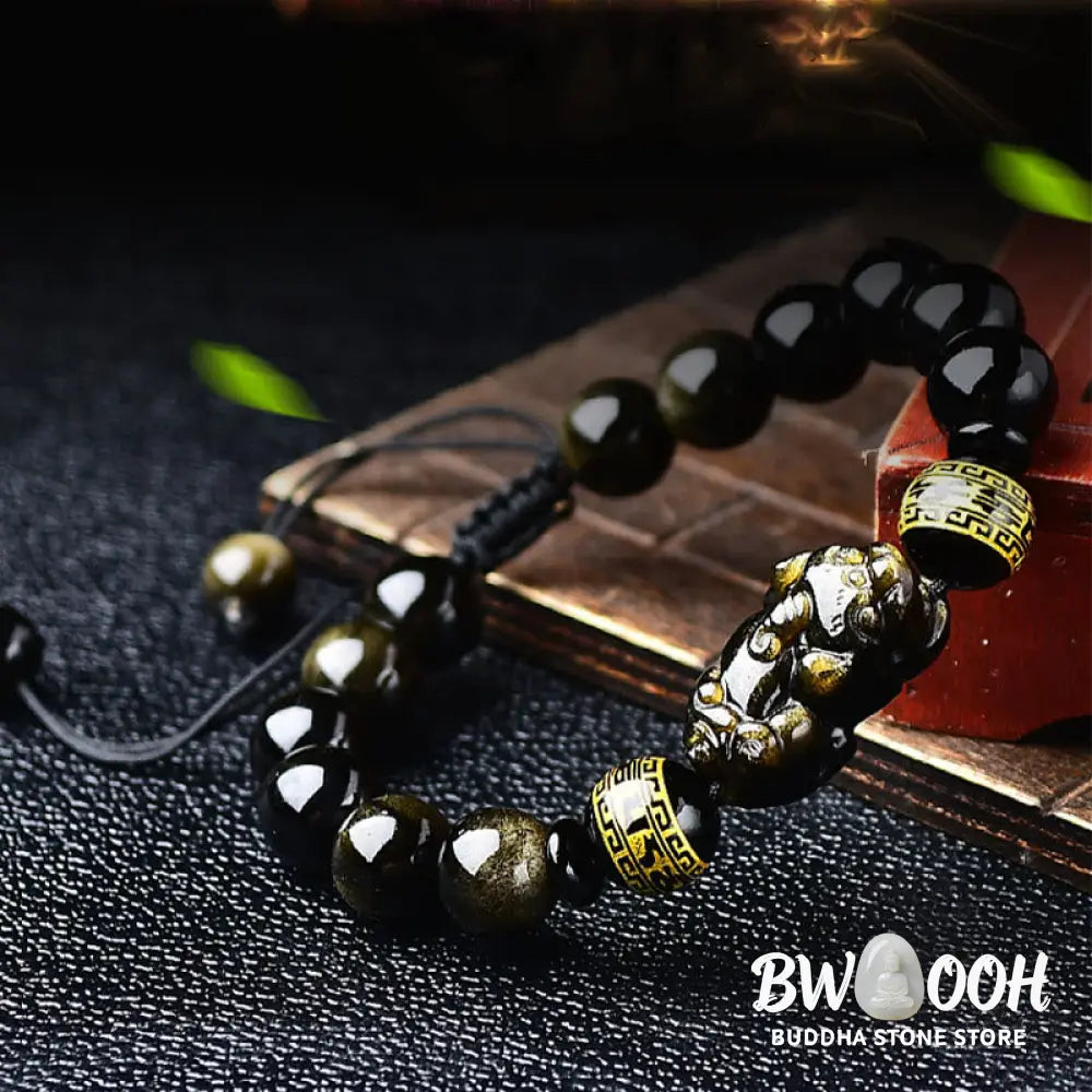Buddha Stones Natural Gold Sheen Obsidian PiXiu Om Mani Padme Hum Wealth Braided Bracelet - BWOOOH - Bracelet