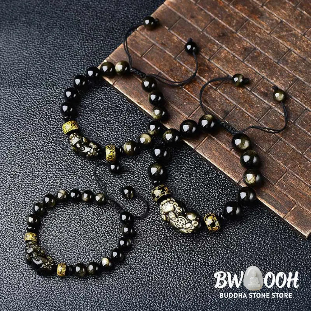 Buddha Stones Natural Gold Sheen Obsidian PiXiu Om Mani Padme Hum Wealth Braided Bracelet - BWOOOH - Bracelet