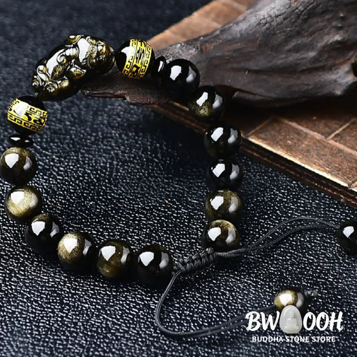 Buddha Stones Natural Gold Sheen Obsidian PiXiu Om Mani Padme Hum Wealth Braided Bracelet - BWOOOH - Bracelet