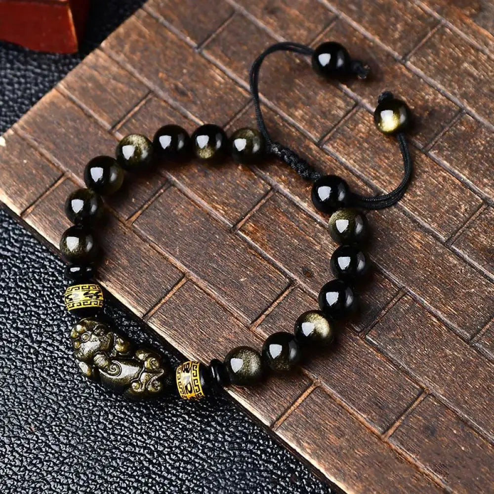 BWOOOH Natural Gold Sheen Obsidian PiXiu Om Mani Padme Hum Wealth Braided Bracelet - BWOOOH - 8mm - Bracelet