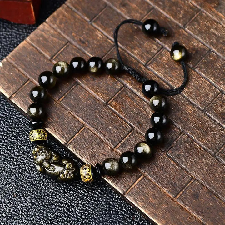 BWOOOH Natural Gold Sheen Obsidian PiXiu Om Mani Padme Hum Wealth Braided Bracelet - BWOOOH - 8mm - Bracelet