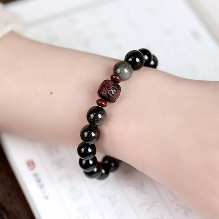 Buddha Stones Natural Gold Sheen Obsidian Rainbow Obsidian Om Mani Padme Hum Fu Character Healing Bracelet - BWOOOH
