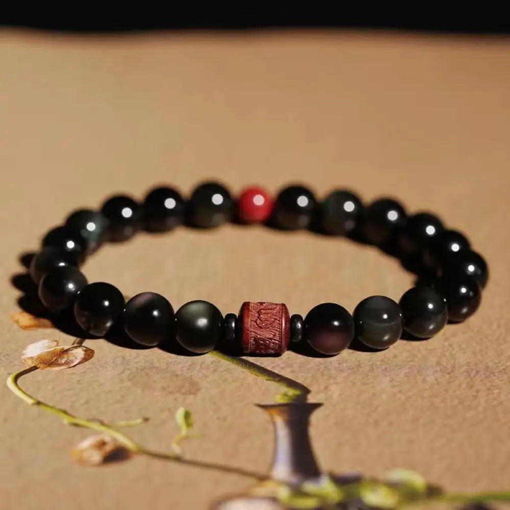 Buddha Stones Natural Gold Sheen Obsidian Rainbow Obsidian Om Mani Padme Hum Fu Character Healing Bracelet - BWOOOH