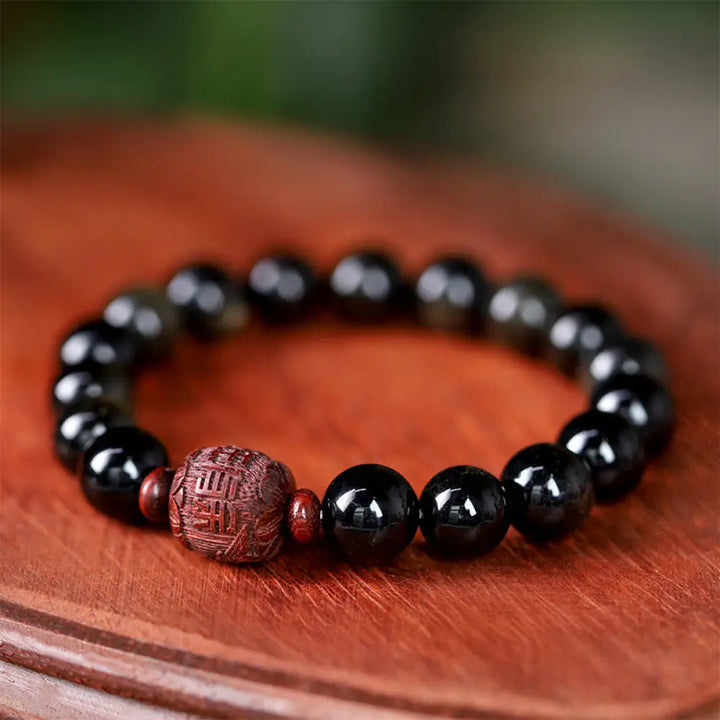 Buddha Stones Natural Gold Sheen Obsidian Rainbow Obsidian Om Mani Padme Hum Fu Character Healing Bracelet - BWOOOH
