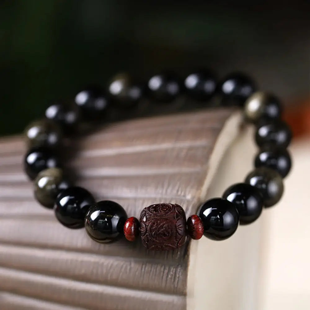 Buddha Stones Natural Gold Sheen Obsidian Rainbow Obsidian Om Mani Padme Hum Fu Character Healing Bracelet - BWOOOH