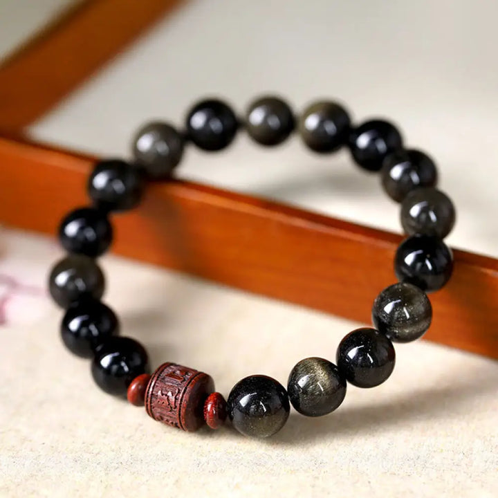BWOOOH Natural Gold Sheen Obsidian Rainbow Obsidian Om Mani Padme Hum Fu Character Healing Bracelet - BWOOOH
