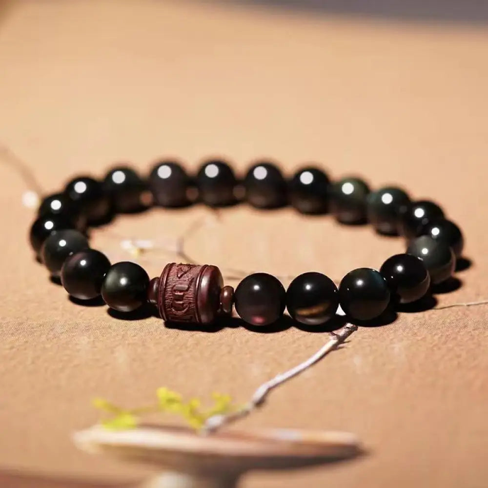 Buddha Stones Natural Gold Sheen Obsidian Rainbow Obsidian Om Mani Padme Hum Fu Character Healing Bracelet - BWOOOH