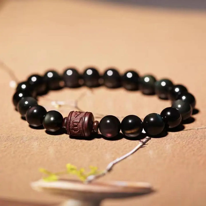 Buddha Stones Natural Gold Sheen Obsidian Rainbow Obsidian Om Mani Padme Hum Fu Character Healing Bracelet - BWOOOH