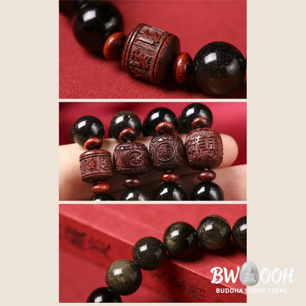 Buddha Stones Natural Gold Sheen Obsidian Rainbow Obsidian Om Mani Padme Hum Fu Character Healing Bracelet - BWOOOH