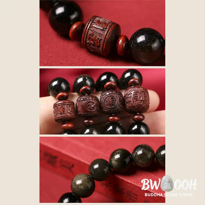 Buddha Stones Natural Gold Sheen Obsidian Rainbow Obsidian Om Mani Padme Hum Fu Character Healing Bracelet - BWOOOH