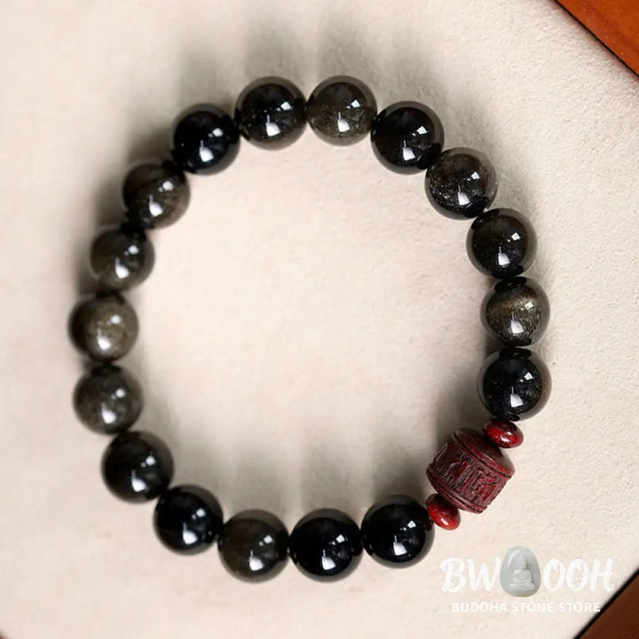 Buddha Stones Natural Gold Sheen Obsidian Rainbow Obsidian Om Mani Padme Hum Fu Character Healing Bracelet - BWOOOH