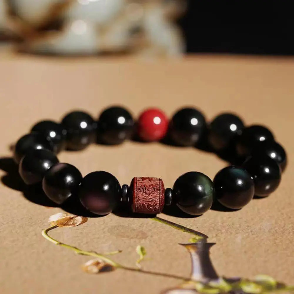 Buddha Stones Natural Gold Sheen Obsidian Rainbow Obsidian Om Mani Padme Hum Fu Character Healing Bracelet - BWOOOH