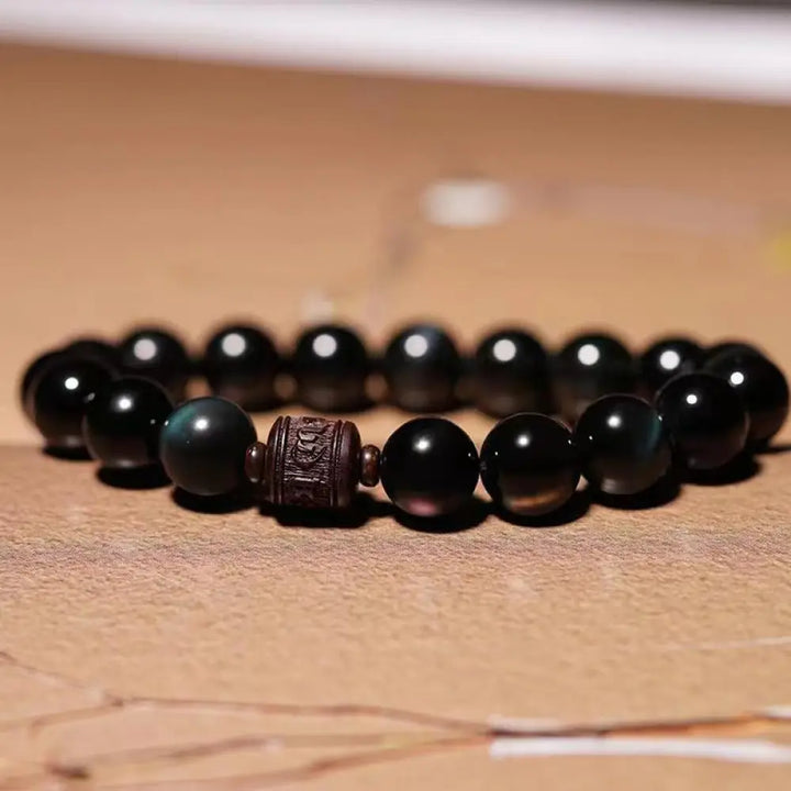 Buddha Stones Natural Gold Sheen Obsidian Rainbow Obsidian Om Mani Padme Hum Fu Character Healing Bracelet - BWOOOH