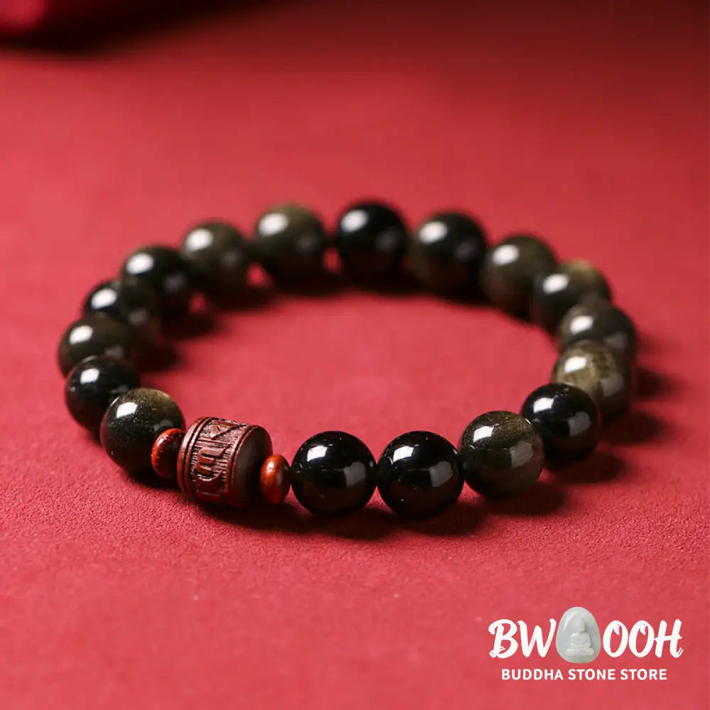 Buddha Stones Natural Gold Sheen Obsidian Rainbow Obsidian Om Mani Padme Hum Fu Character Healing Bracelet - BWOOOH