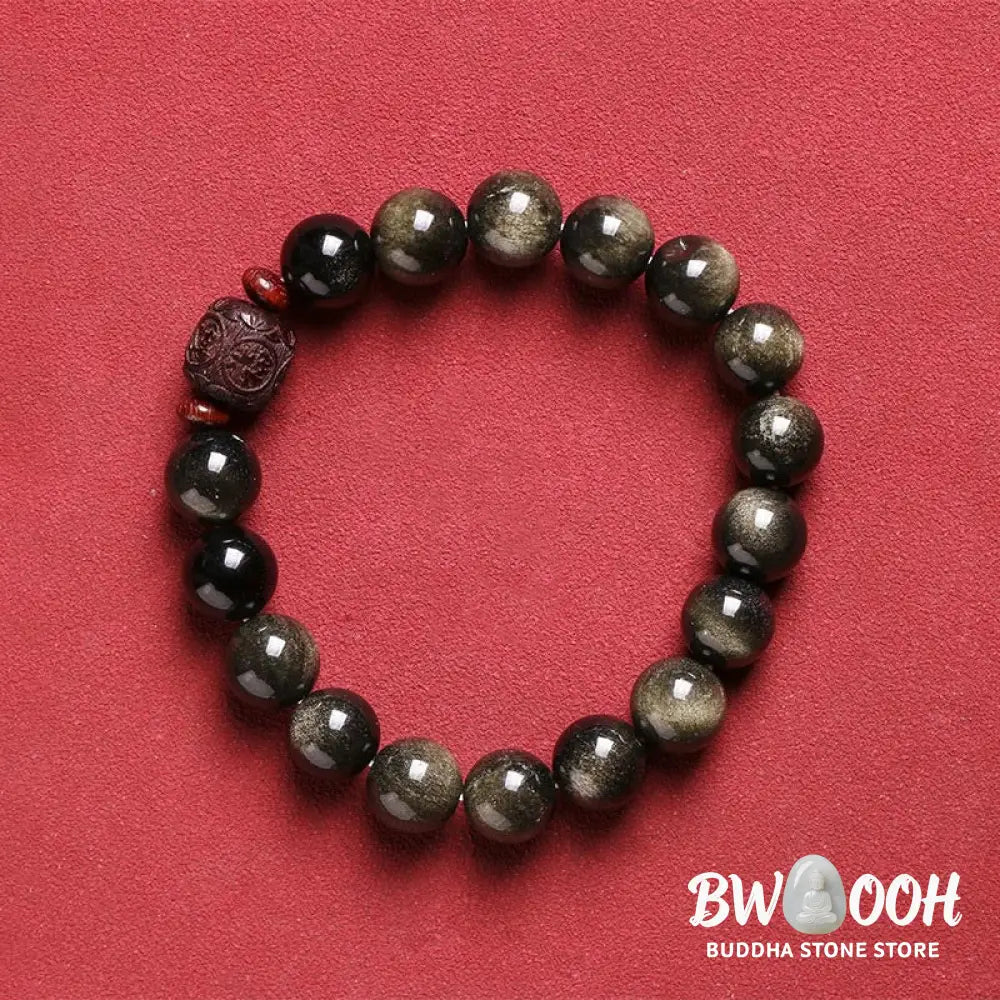 Buddha Stones Natural Gold Sheen Obsidian Rainbow Obsidian Om Mani Padme Hum Fu Character Healing Bracelet - BWOOOH
