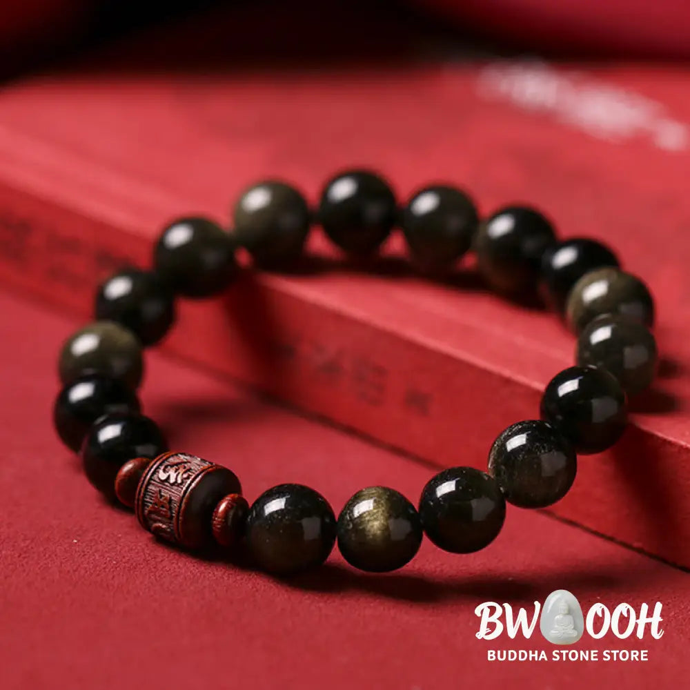 Buddha Stones Natural Gold Sheen Obsidian Rainbow Obsidian Om Mani Padme Hum Fu Character Healing Bracelet - BWOOOH
