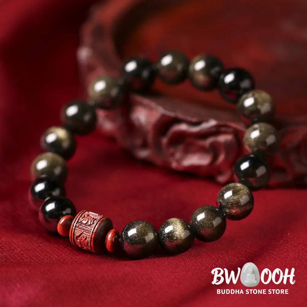 Buddha Stones Natural Gold Sheen Obsidian Rainbow Obsidian Om Mani Padme Hum Fu Character Healing Bracelet - BWOOOH