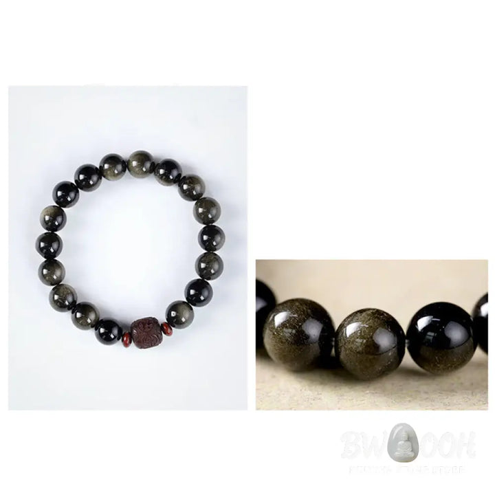 Buddha Stones Natural Gold Sheen Obsidian Rainbow Obsidian Om Mani Padme Hum Fu Character Healing Bracelet - BWOOOH
