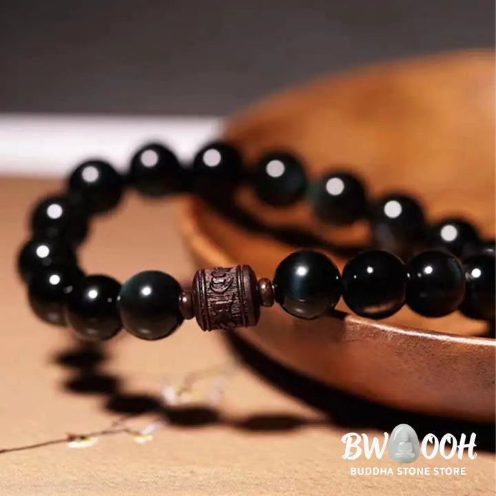 Buddha Stones Natural Gold Sheen Obsidian Rainbow Obsidian Om Mani Padme Hum Fu Character Healing Bracelet - BWOOOH