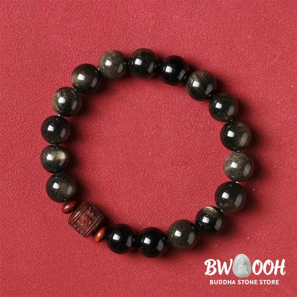 Buddha Stones Natural Gold Sheen Obsidian Rainbow Obsidian Om Mani Padme Hum Fu Character Healing Bracelet - BWOOOH