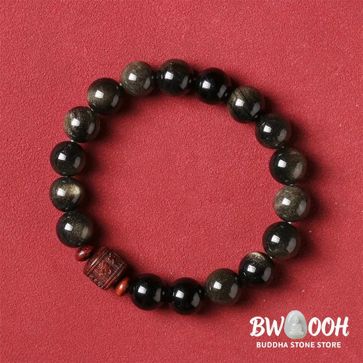 Buddha Stones Natural Gold Sheen Obsidian Rainbow Obsidian Om Mani Padme Hum Fu Character Healing Bracelet - BWOOOH