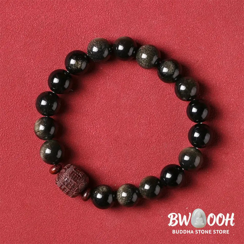Buddha Stones Natural Gold Sheen Obsidian Rainbow Obsidian Om Mani Padme Hum Fu Character Healing Bracelet - BWOOOH
