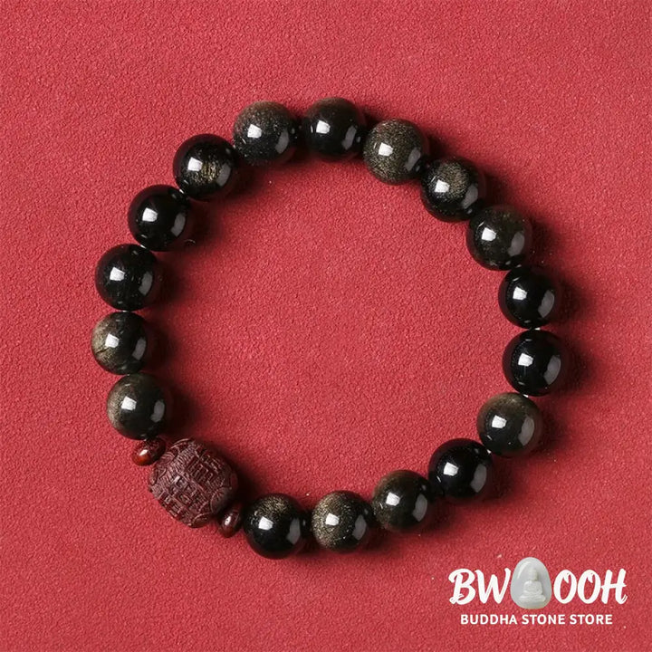 Buddha Stones Natural Gold Sheen Obsidian Rainbow Obsidian Om Mani Padme Hum Fu Character Healing Bracelet - BWOOOH