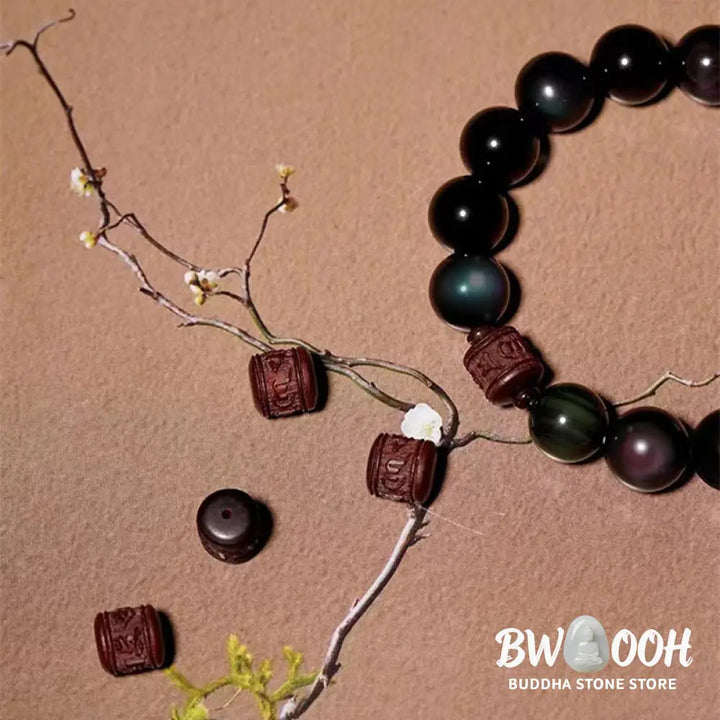 Buddha Stones Natural Gold Sheen Obsidian Rainbow Obsidian Om Mani Padme Hum Fu Character Healing Bracelet - BWOOOH