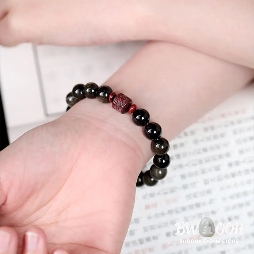 Buddha Stones Natural Gold Sheen Obsidian Rainbow Obsidian Om Mani Padme Hum Fu Character Healing Bracelet - BWOOOH