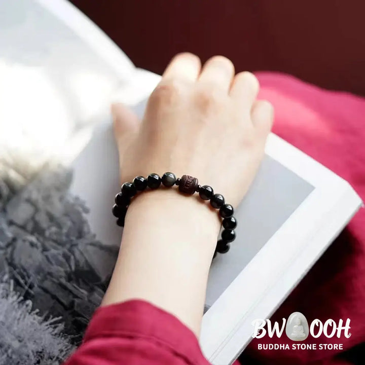Buddha Stones Natural Gold Sheen Obsidian Rainbow Obsidian Om Mani Padme Hum Fu Character Healing Bracelet - BWOOOH